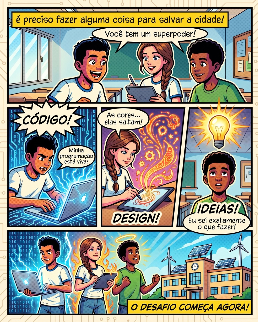 Arte em quadrinhos do Hack4Fun 2026: jovens descobrindo seus superpoderes de código, design e ideias — o desafio começa agora